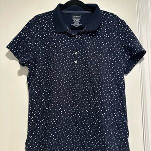 LL Bean Slightly Fitted Women’s Sz:XL Reg Polka Dot Polo Shirt Navy Blue & White